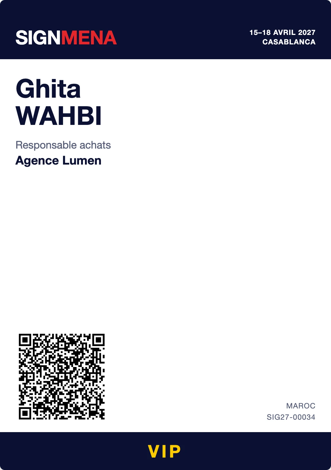 Badge VIP SIGNMENA imprimé par ebadge, avec QR code signé