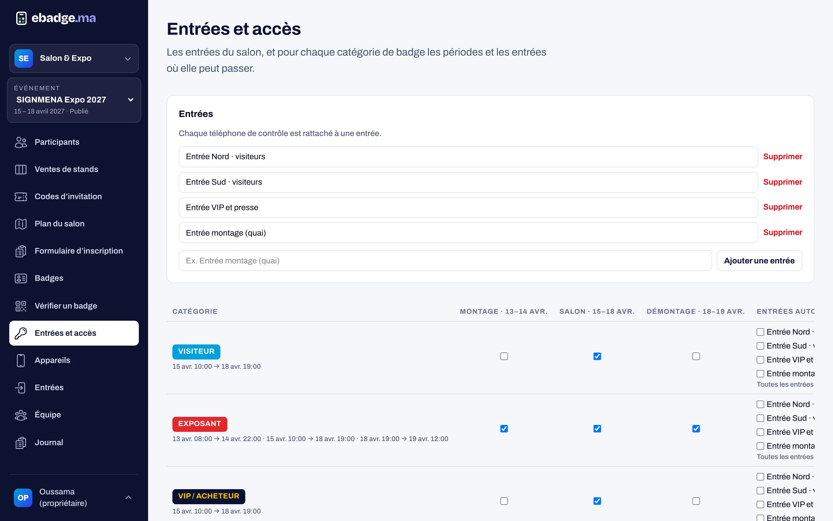 Règles d’accès par catégorie, par jour et par entrée dans la console ebadge