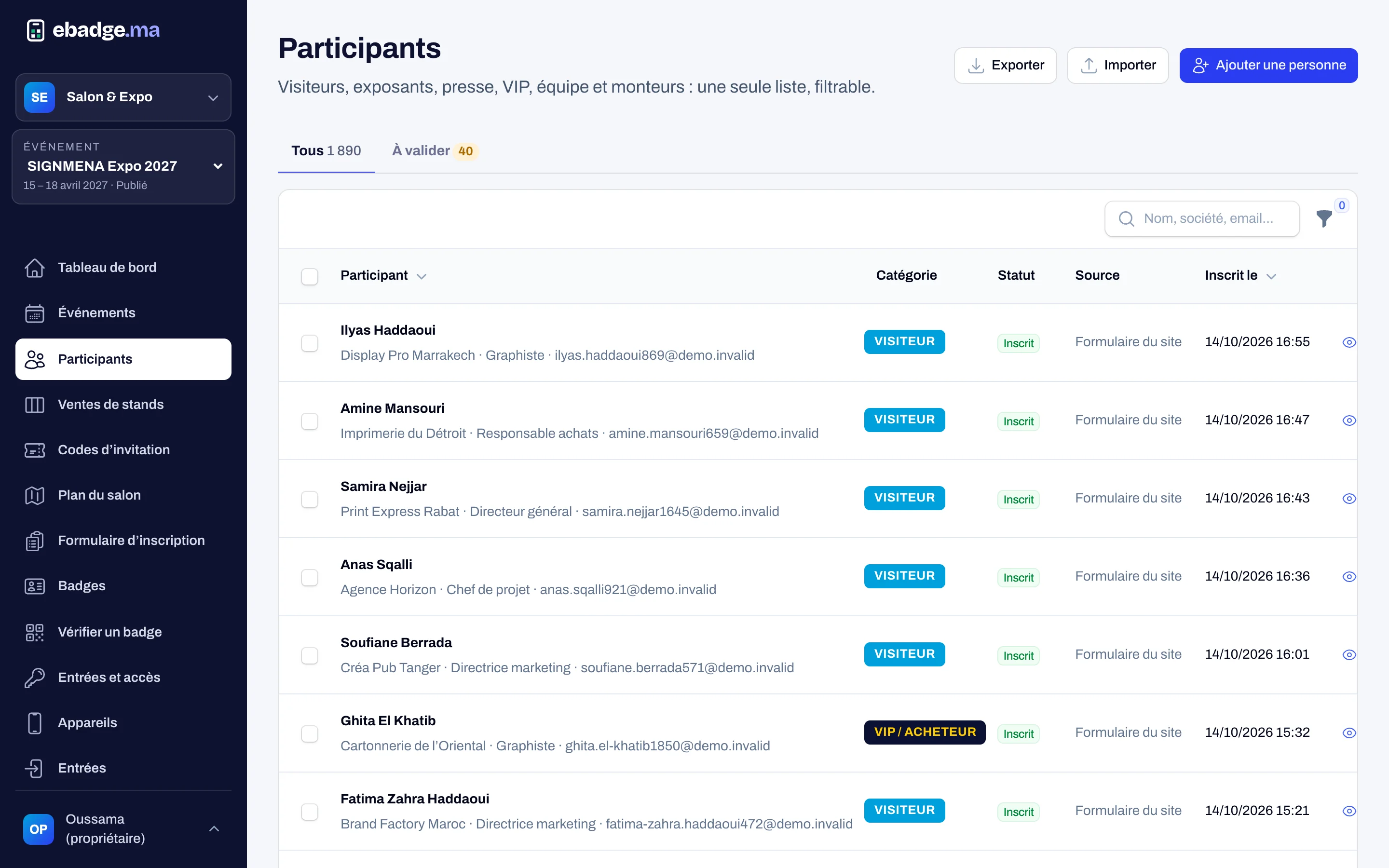 Liste des participants dans la console ebadge : catégories, statuts et sources d’inscription
