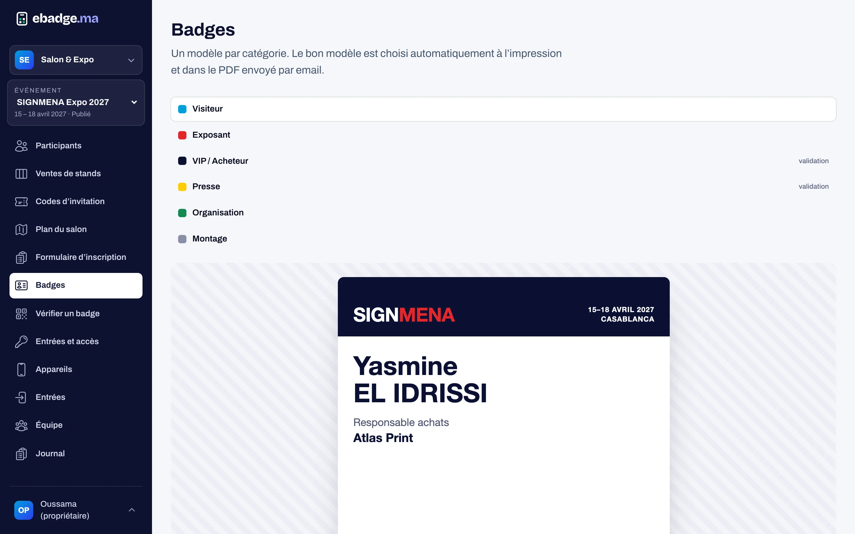 Éditeur de badges ebadge avec l’aperçu d’un badge SIGNMENA