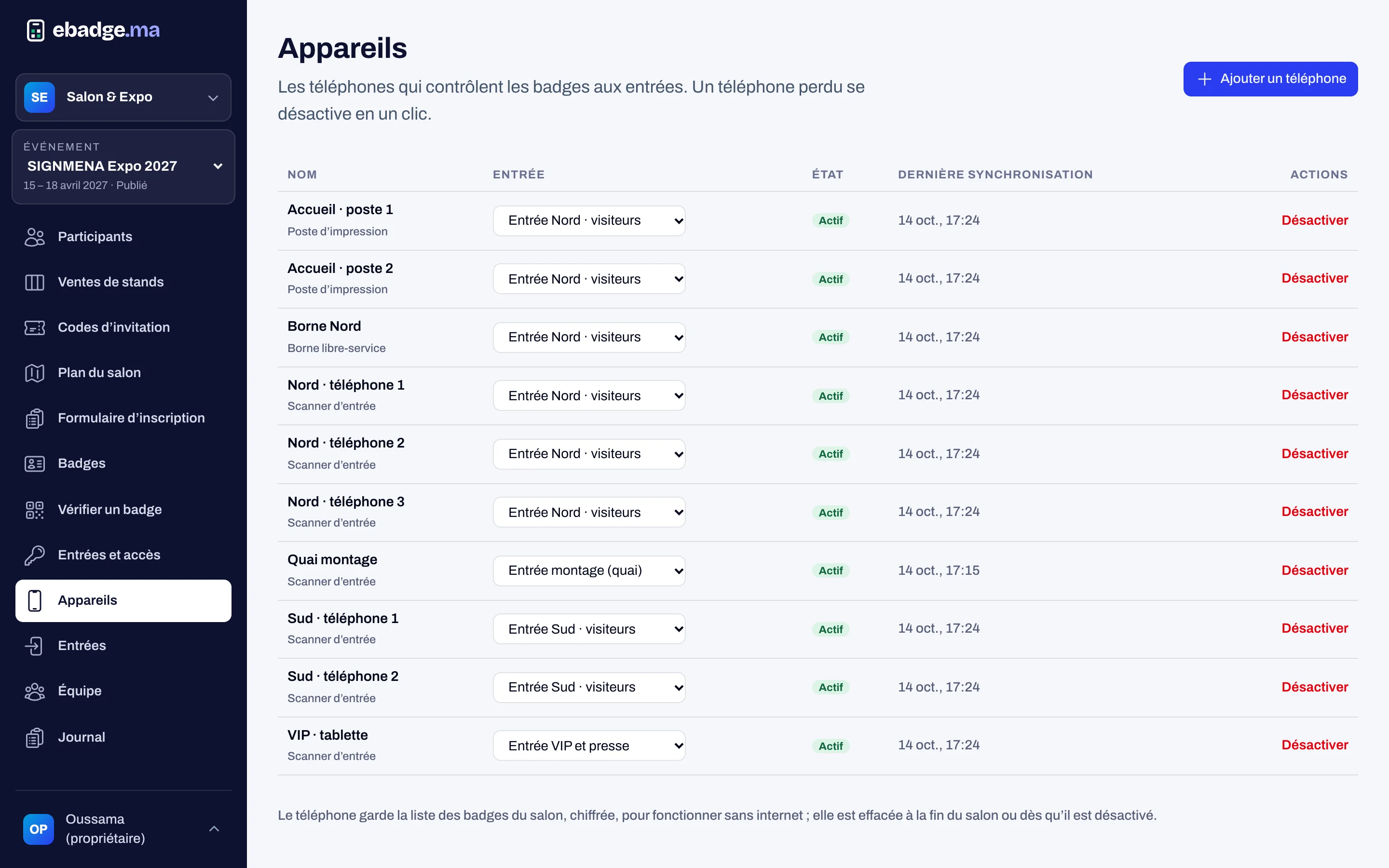 Page Appareils : téléphones de contrôle, postes d’impression et bornes reliés au salon