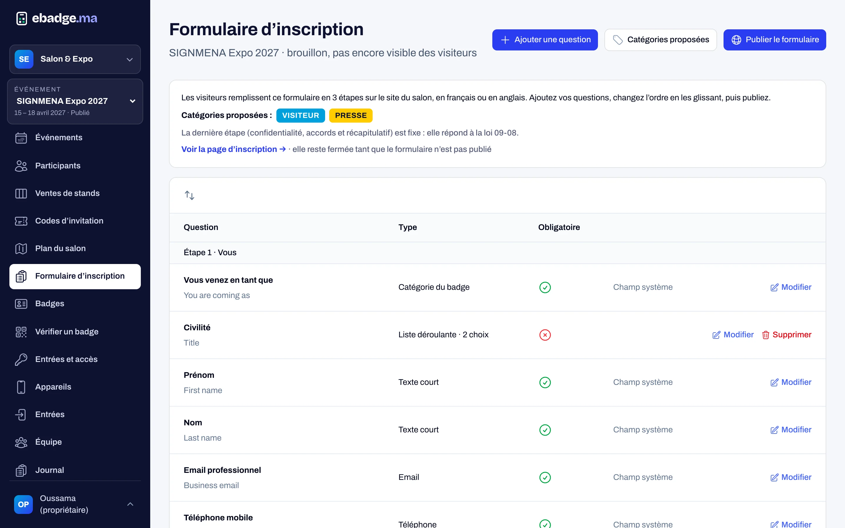 Constructeur de formulaire d’inscription dans la console ebadge