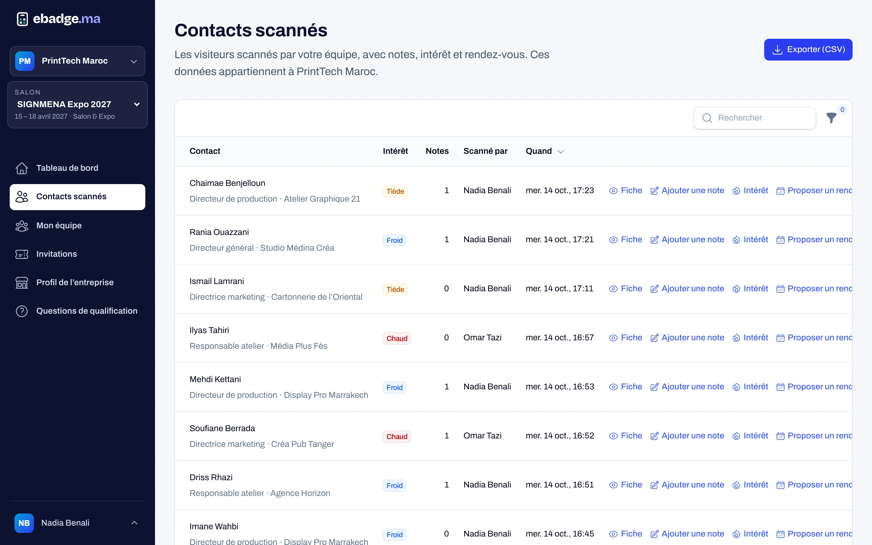 Contacts scannés par un exposant dans son espace ebadge