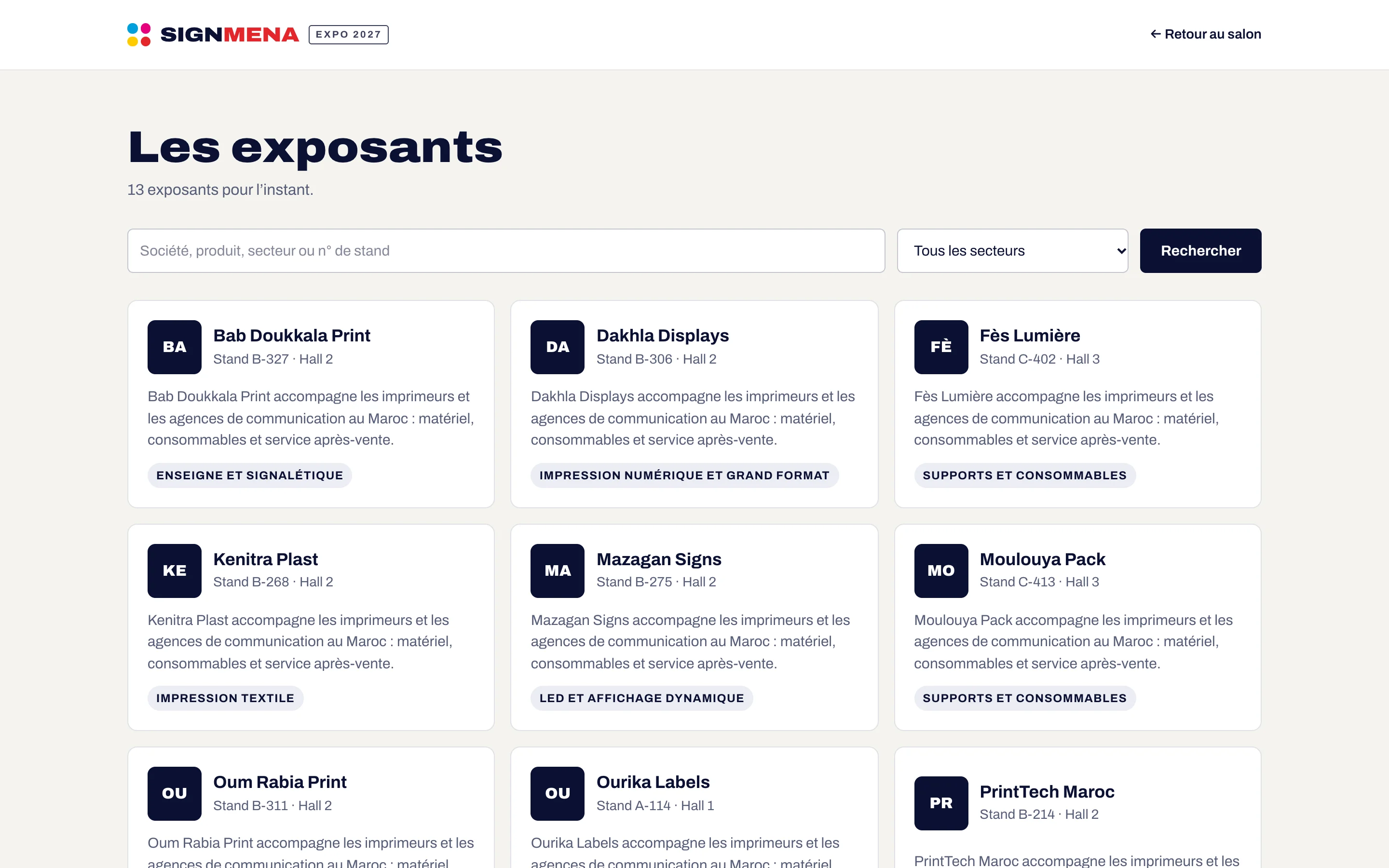 Annuaire des exposants sur le site du salon